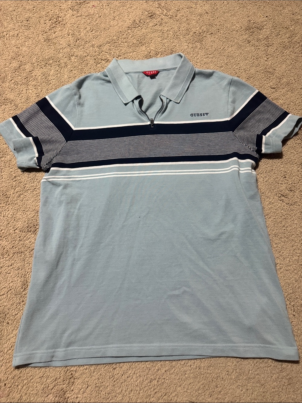 GUESS Men’s Light Blue Polo with Navy & White Stripes